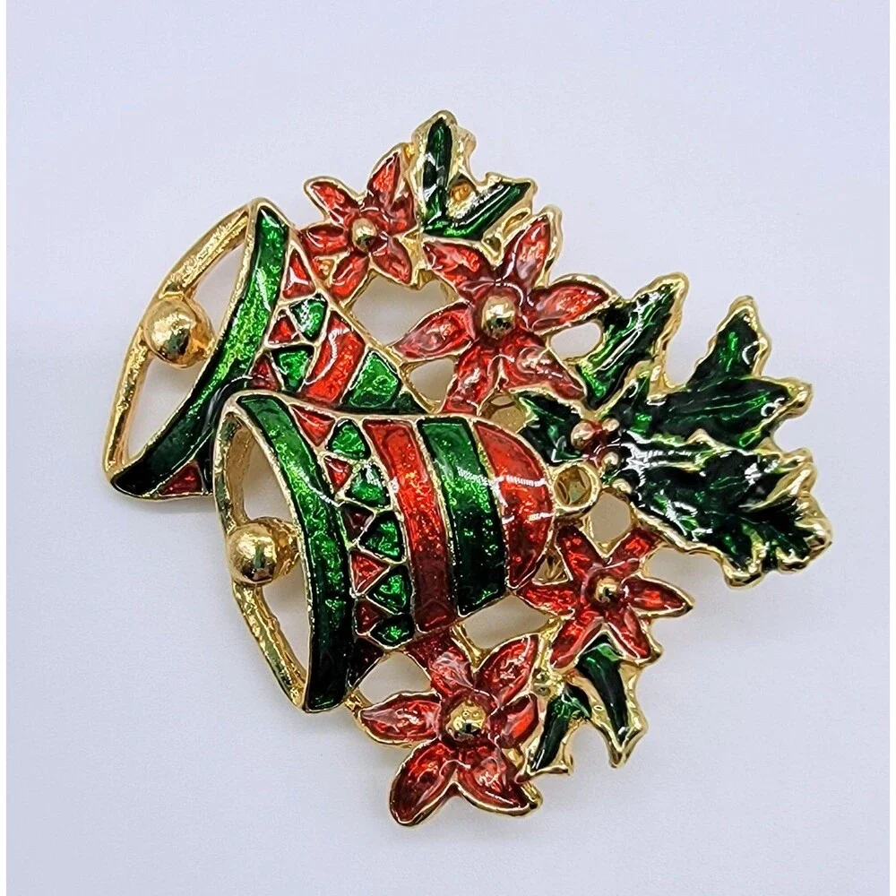 Christmas Poinsettia Brooch Pin Bells Enamel Gold Tone Red Green Holiday